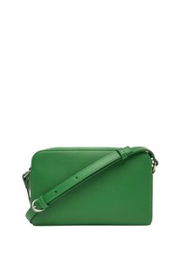 Borsa a tracolla in pelle sintetica verde, forma rettangolare, tracolla regolabile, texture liscia, con un design semplice e senza dettagli hardware visibili.