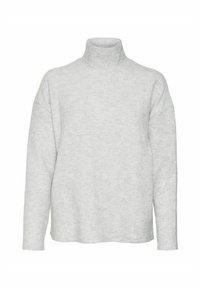 Pull en col roulé gris clair en tissu doux. Doté d'épaules tombantes et d'une coupe décontractée avec une texture lisse.