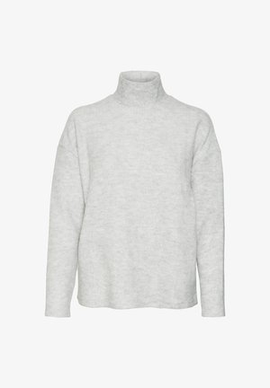 Svetar s visokim ovratnikom svijetlosive boje izrađen od mekog materijala. Ima spuštena ramena i opušteni kroj s glatkom teksturom.