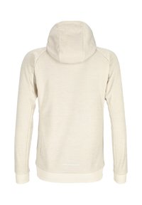 Light beige hoodie with a soft texture, featuring a fitted hood, long sleeves, ribbed cuffs, and a subtle logo at the waist.