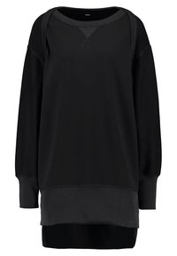 Sweat-shirt noir à manches longues avec poignets côtelés, encolure ronde et détail de bord superposé.