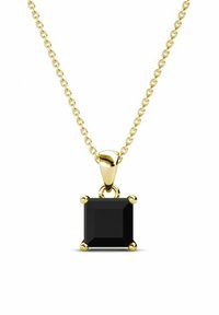 Collana d'oro con un pendente in pietra nera quadrata, dotato di quattro griffe e una finitura liscia e lucida. La catena è dello stile a maglie.