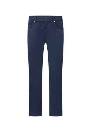 Pantalones de pierna recta de color azul oscuro con bolsillos frontales, trabillas para cinturón y cierre de botón, mostrados sobre un fondo blanco.