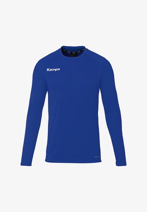 Langærmet atletisk skjorte i ensfarvet blå, med rund hals, blødt stof og et hvidt "Kempa" logo på brystet.