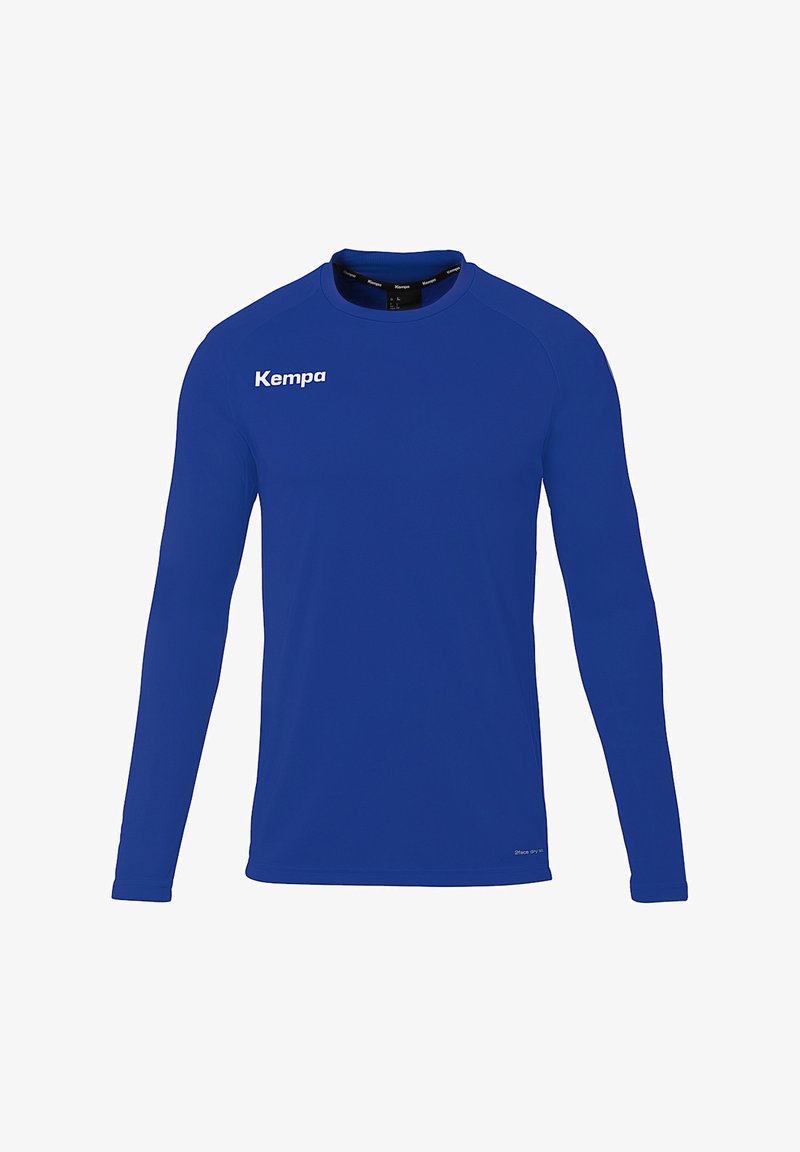 T-shirt de sport à manches longues de couleur bleue unie, avec un col rond, en tissu doux et un logo "Kempa" blanc sur la poitrine.