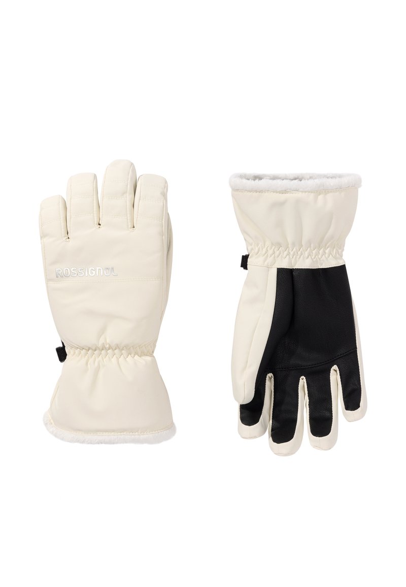 Bílé izolační rukavice s huňatou podšívkou, mají černou koženou dlaň, elastické manžety a výrazné švy.