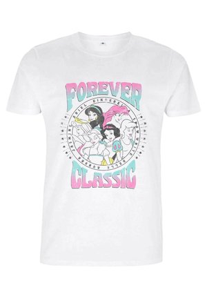 White cotton t-shirt featuring a colorful graphic with Disney princesses and the text "Forever Classic" in pink and blue.