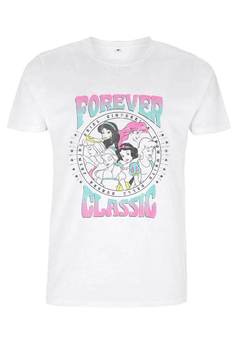 Witte katoen T-shirt met een kleurrafisch ontwerp van Disney-prinsessen en de tekst "Forever Classic" in roze en blauw.