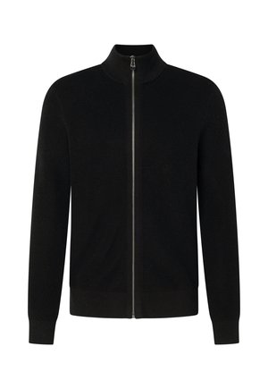 Schwarzer gestrickter Reißverschluss-Pullover mit langen Ärmeln und hohem Kragen, frontal auf weißem Hintergrund dargestellt.