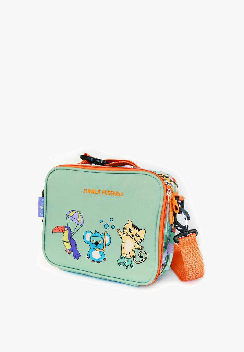 Green canvas bag with orange zippers and strap; features cartoon animals: a toucan, koala, and playful cat. Text reads "Jungle Friends."