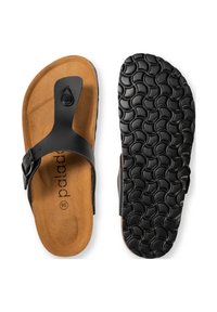Tongs noires avec une semelle en caoutchouc texturé noir, une semelle intérieure en daim marron et une sangle noire réglable avec boucle.