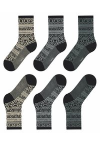 Sechs Paar gemusterte Socken in Schwarz, Grau und Creme mit unterschiedlichen geometrischen Designs, kontrastierenden Zehen- und Fersenakzenten und Knöchellänge.