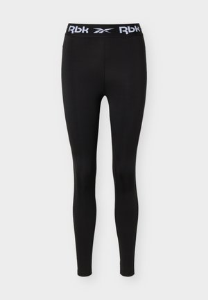 Fekete, teljes hosszában sportos leggings széles derékpánttal, amelyen fehér "RbK" és Reebok logók láthatók.