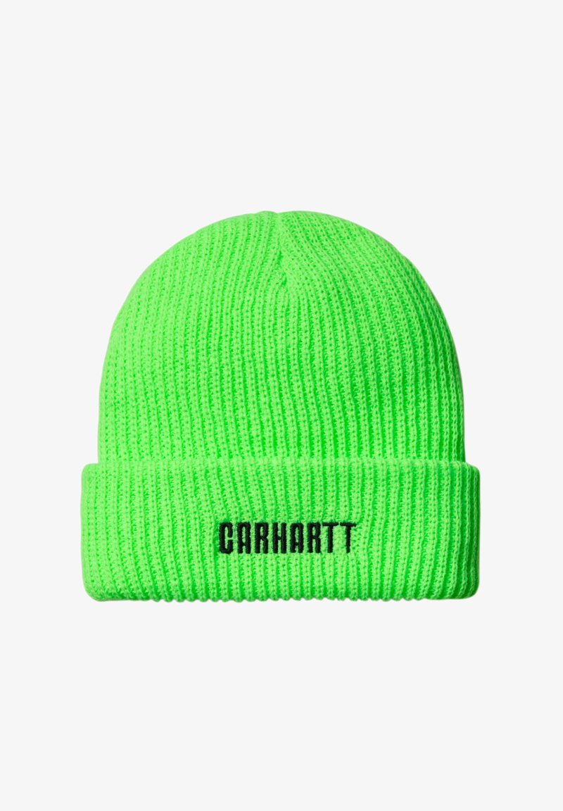 Gorro de punto acanalado en verde neón con un dobladillo. Presenta el logotipo negro de "CARHARTT" en el frente para contraste.