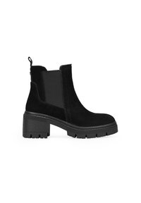 Botín de ante negro hasta el tobillo con paneles laterales elásticos, tacón grueso y suela texturizada. Cuenta con una lengüeta en la parte posterior para ponerlo y quitarlo fácilmente.