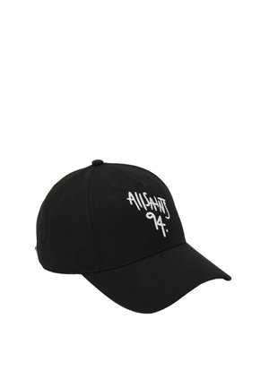 Cappellino da baseball nero in cotone, con testo ricamato bianco "ALLSAINTS 94" sulla parte frontale e visiera curva. Design minimalista.