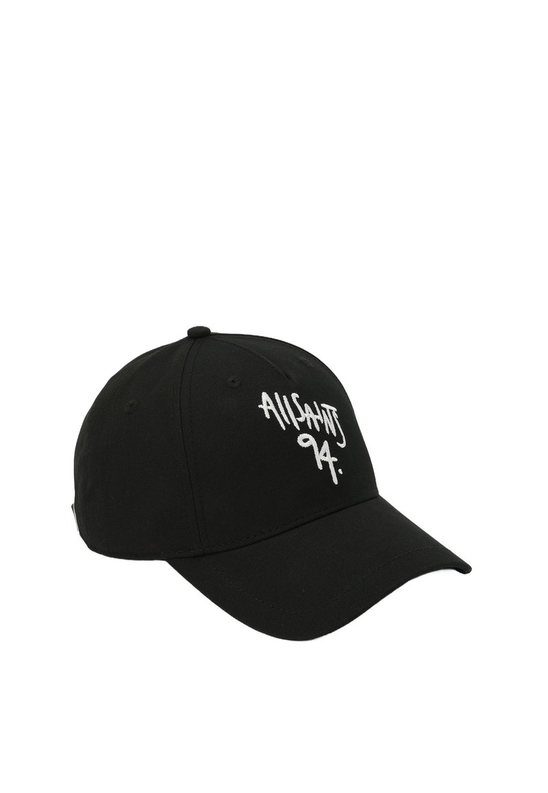 Cappellino da baseball nero in cotone, con testo ricamato bianco "ALLSAINTS 94" sulla parte frontale e visiera curva. Design minimalista.