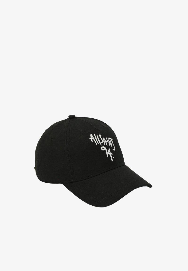 Black baseball cap made of cotton, featuring white embroidered text "ALLSAINTS 94" on the front and curved brim. Minimalistic design.