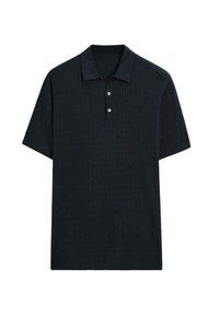 Polo a maniche corte di un blu navy scuro in tessuto a maglia strutturato, con colletto e apertura con tre bottoni, dalla linea dritta.