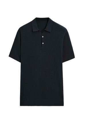 Dark navy short-sleeve polo shirt in textured knit fabric, featuring a collar and three-button placket, with a straight hem.