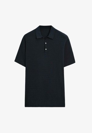 Polo shirt à manches courtes en maille texturée, de couleur bleu marine foncé, avec un col et un plastron à trois boutons, et un ourlet droit.