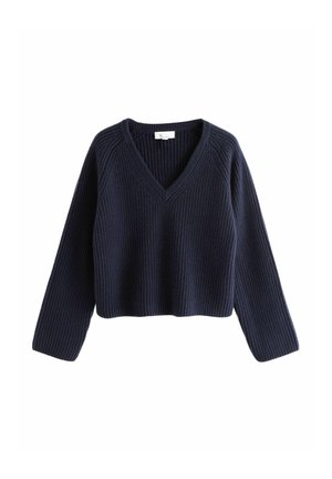Navy blue ribbed knit sweater with long sleeves and a V-neck collar, displayed on a white background.