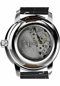 Stainless steel automatic watch with a black leather strap, transparent back showing intricate movement, and water resistance up to 50m.