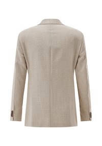 Beiger, maßgeschneiderter Blazer, einfachtürig, strukturierter Stoff mit dezenten Mustern, mit Reverskragen, langen Ärmeln und geknöpften Manschetten.