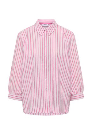 Chemise blanche boutonnée avec des rayures verticales roses, manches longues et col pointu.