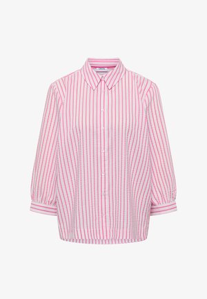 Witte overhemd met verticale roze strepen, lange mouwen en een puntige kraag.