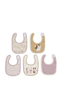 Set van vijf babyslabbetjes in pastelkleuren. Heeft bloemmotieven en dierelementen. Gemaakt van zacht stof met een gebogen vorm en contrasterende bies.