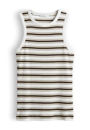 Top senza maniche a coste con righe orizzontali nere, beige e crema, scollo rotondo e silhouette aderente.