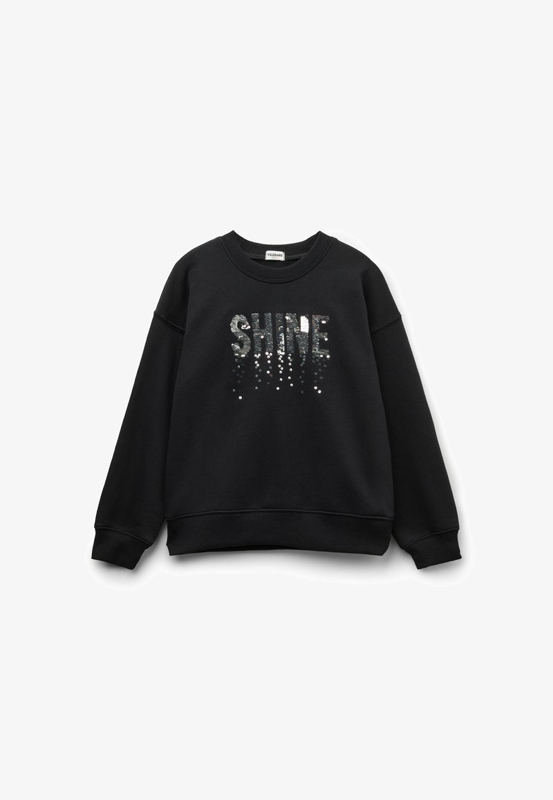 Czarna bluza z okrągłym dekoltem, długimi rękawami i ozdobnym napisem "SHINE" wykonanym z cekinów z przodu. Teksturowana tkanina, ściągacze na mankietach i u dołu.