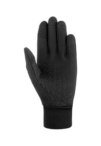 Los guantes elásticos negros presentan un patrón de agarre en forma de panal en la palma. Tienen un ajuste ceñido y una textura suave con puño reforzado.