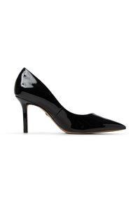 Černé lakované kožené vysoké podpatky s špičatou špičkou, štíhlým stiletto podpatkem a hladkým povrchem. Disponují elegantním, štíhlým siluetou.
