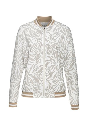 Leichte Bomberjacke in Weiß und Beige mit floralem Muster. Verfügt über einen Reißverschluss und gerippte Bündchen sowie Saum.
