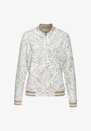 Lightweight bomber jacket in white and beige with a floral pattern. Features a zipper closure and ribbed cuffs and hem.