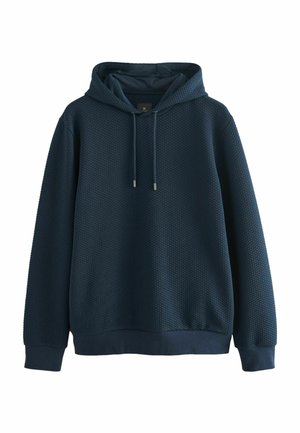 Marineblauwe hoodie met een textuur van een honingraatdesign, verstelbare trekkoord en ribgebreide manchetten en onderrand voor een comfortabele pasvorm.