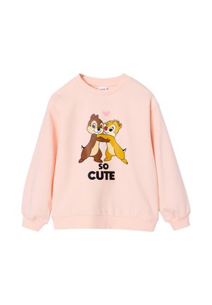 Hellrosa Sweatshirt mit zwei cartoonhaften Streifenhörnchen, die sich umarmen, einem kleinen pinkfarbenen Herz über ihnen und dem Schriftzug "SO CUTE" darunter.