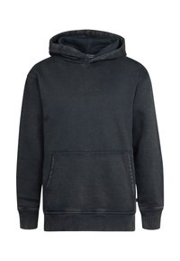 Donkergrijze sweatshirt met capuchon, een voorkantzak, ribgebreide manchetten en een gestructureerde afwerking. Heeft een subtiele merklogo op de borst.