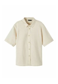 Chemise à manches courtes beige clair en lin, dotée d'un col classique, de cinq boutons sur le devant et de poignets de manches retroussés.