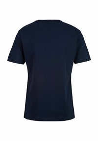 Donker marineblauwe T-shirt, korte mouwen, van katoen, ronde hals, gladde textuur en geen zichtbare patronen of afbeeldingen.