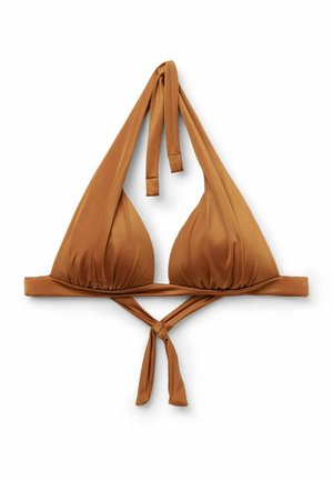 Brązowy trójkątny stanik bikini z wiązaniem na szyi i z tyłu, wykonany z gładkiej tkaniny, prezentowany na białym tle.