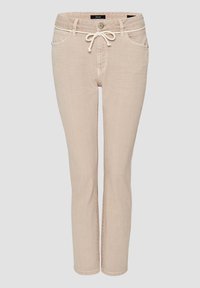 Pantalones de mezcla de algodón beige con corte recto, cintura con cordón, bolsillos frontales y un cierre de botón seguro. Textura suave y diseño minimalista.