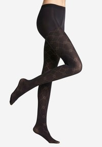 Collant neri con un motivo geometrico, caratterizzati da un design semitrasparente e una texture liscia, accentuati da una leggera lucentezza.