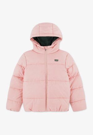 Hellrosa wattierte Jacke mit Kapuze und Frontreißverschluss, mit kleinem Levi's-Logo auf der linken Brust.