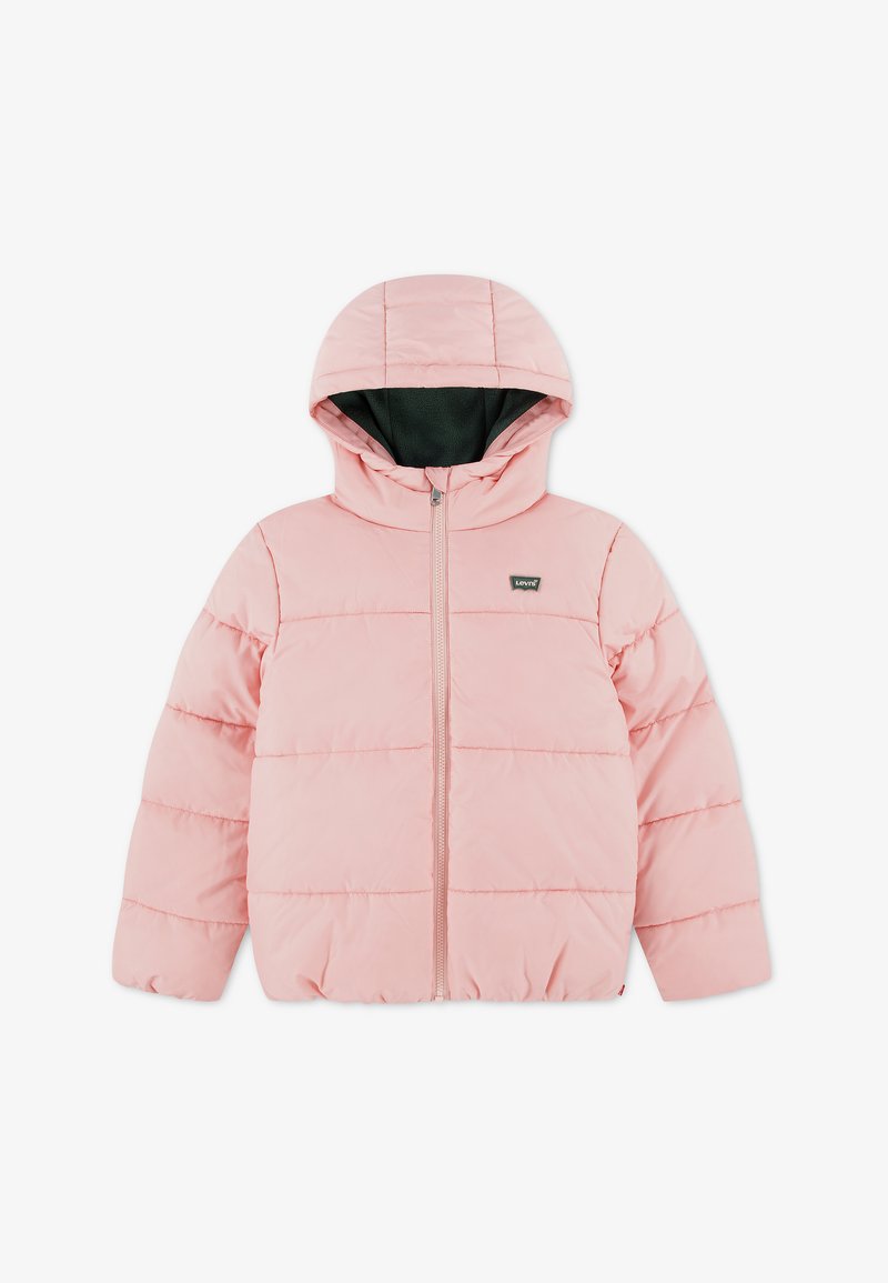 Veste matelassée rose clair avec capuche et fermeture éclair sur le devant, ornée d’un petit logo Levi's sur la poitrine gauche.