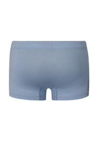 Blå bomullsboxershorts med en sömlös design, med dubbla sömmar och kort benlängd. Ingen synlig märkning eller mönster.
