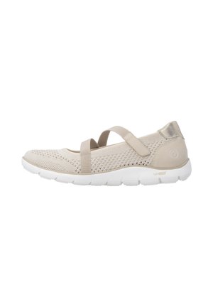 Light beige knit Mary Jane shoe with two elastic straps and white segmented sole designed for comfort and flexibility.