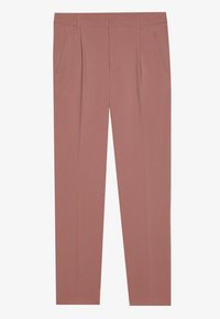 Rosenfarbene Hose mit glatter Textur, entspanntem Schnitt, Falten vorne und Seitentaschen. Einfaches, minimalistisches Design.